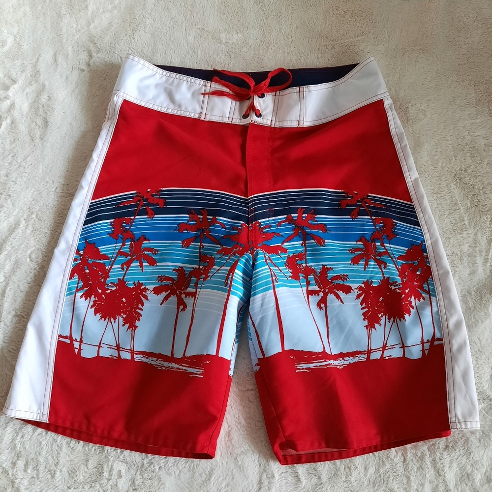 Urban Pipeline Swim Trunks Board Shorts Mens Sz 33 Red White Blue Tropical Palms